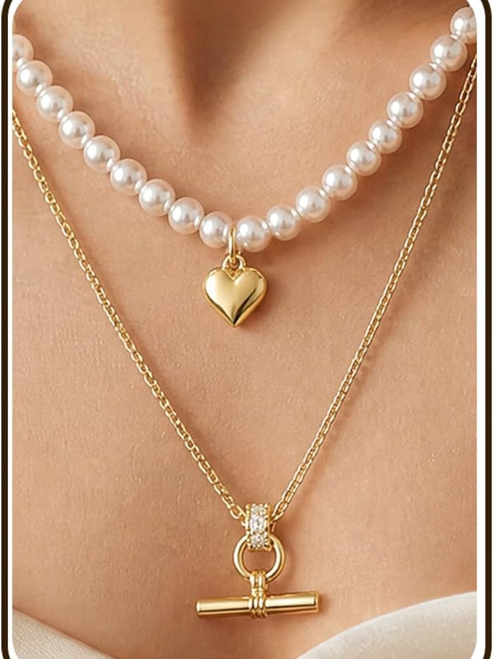 Anthropologie Gold and White Pearl Heart Layered Necklace